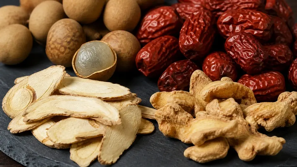 Clean and pristine dried longan, dates, angelica, and ginger on dark slate Clean and pristine dried longan, dates, angelica, and ginger on dark slate