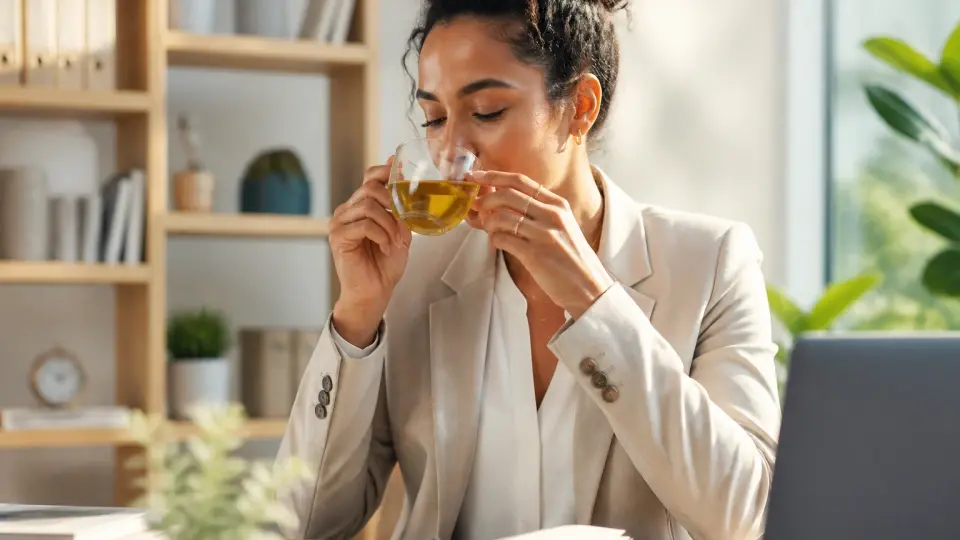 A focused, healthy woman enjoying a warm cup of Pure Energy & Refreshing Tea during her day break A focused, healthy woman enjoying a warm cup of Pure Energy & Refreshing Tea during her day break
