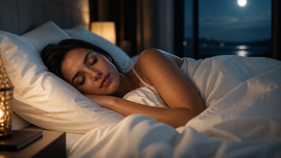 An elegant woman sleeping peacefully and deeply in a cozy bed during her luteal phase An elegant woman sleeping peacefully and deeply in a cozy bed during her luteal phase