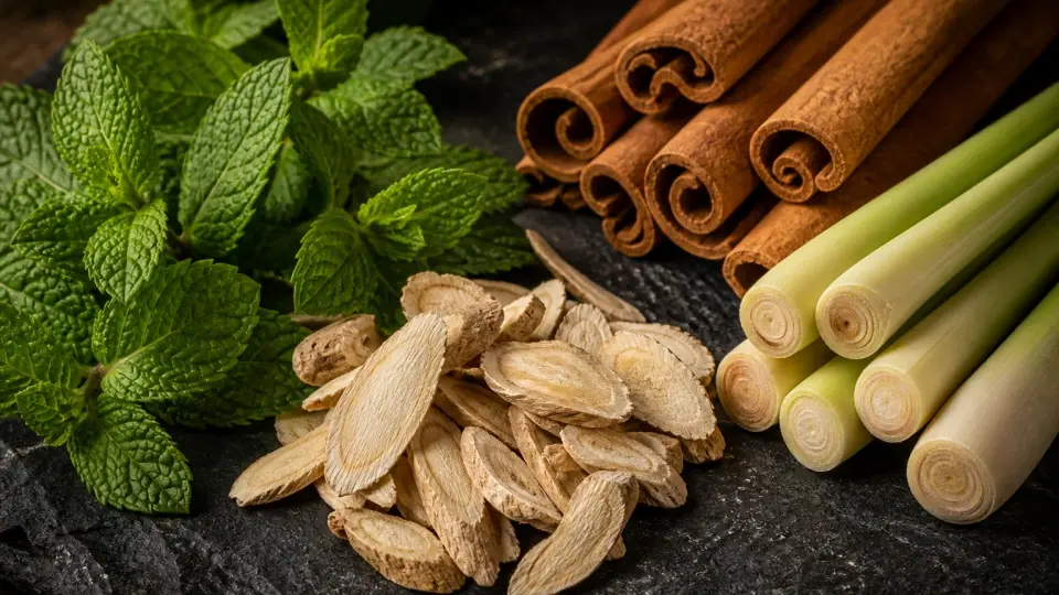 Premium whole-cut raw botanicals of ashwagandha roots, spearmint leaves, cinnamon, and lemongrass