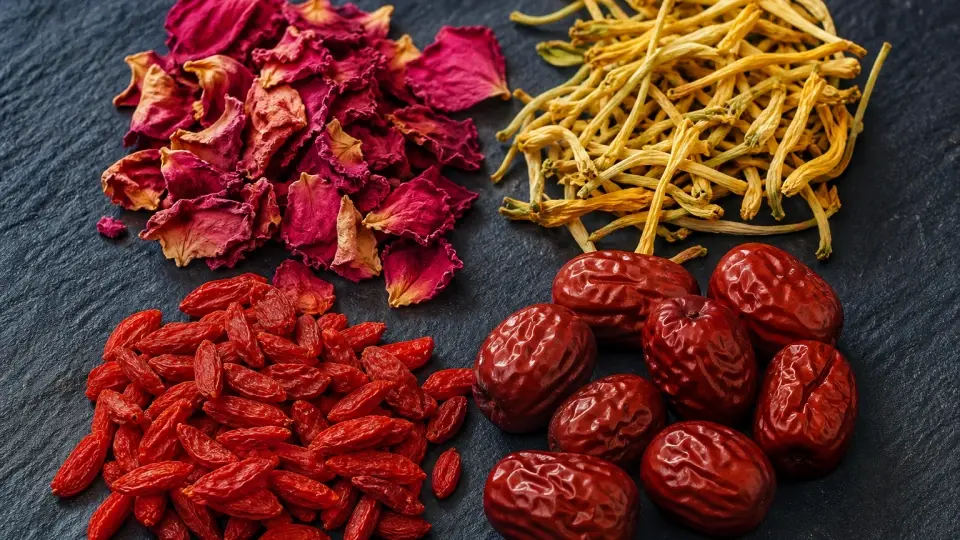 A highly clean macro photo of dried pink rose petals, golden honeysuckle, red goji, and red dates