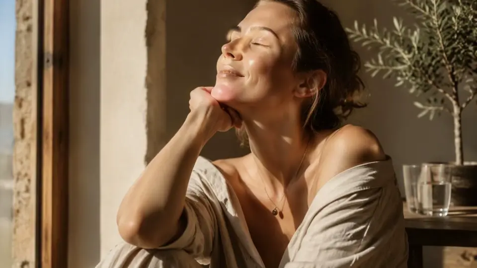 An elegant woman resting peacefully by a sunlit window, representing cellular hydration and mucosal comfort