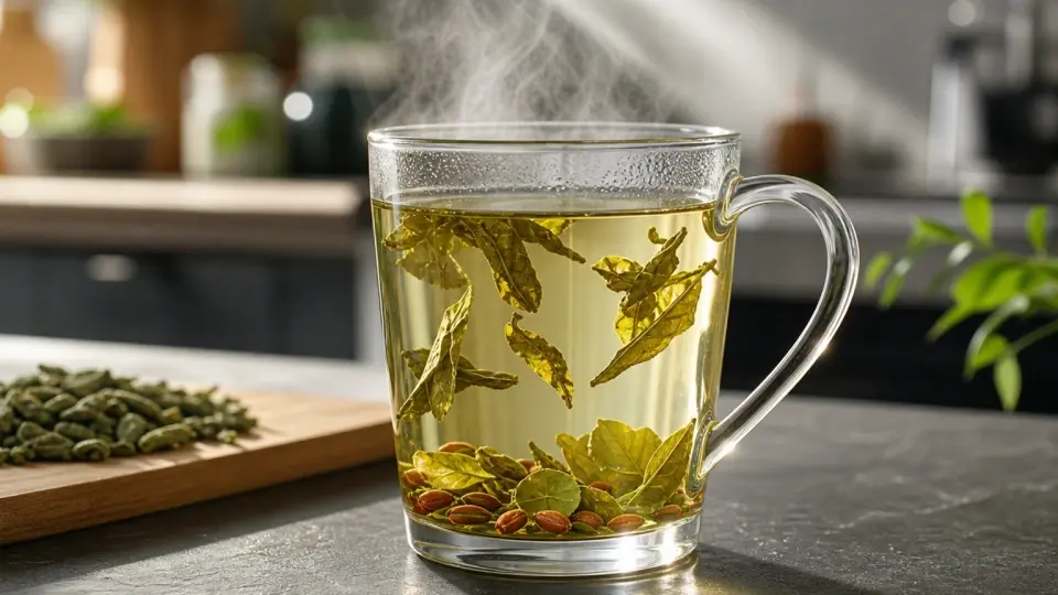 A premium close-up of a glass mug filled with hot, steaming pale golden-green tea showing unfolding whole green tea leaves A premium close-up of a glass mug filled with hot, steaming pale golden-green tea showing unfolding whole green tea leaves