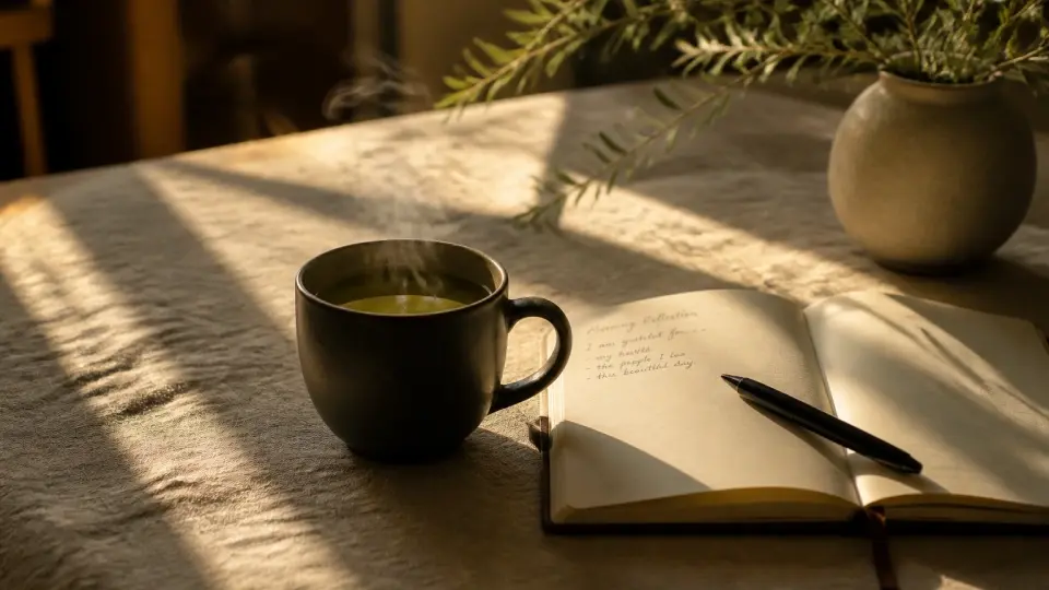 A dark ceramic mug of steaming green-golden herbal tea resting next to an open minimalist journal in warm morning light A dark ceramic mug of steaming green-golden herbal tea resting next to an open minimalist journal in warm morning light