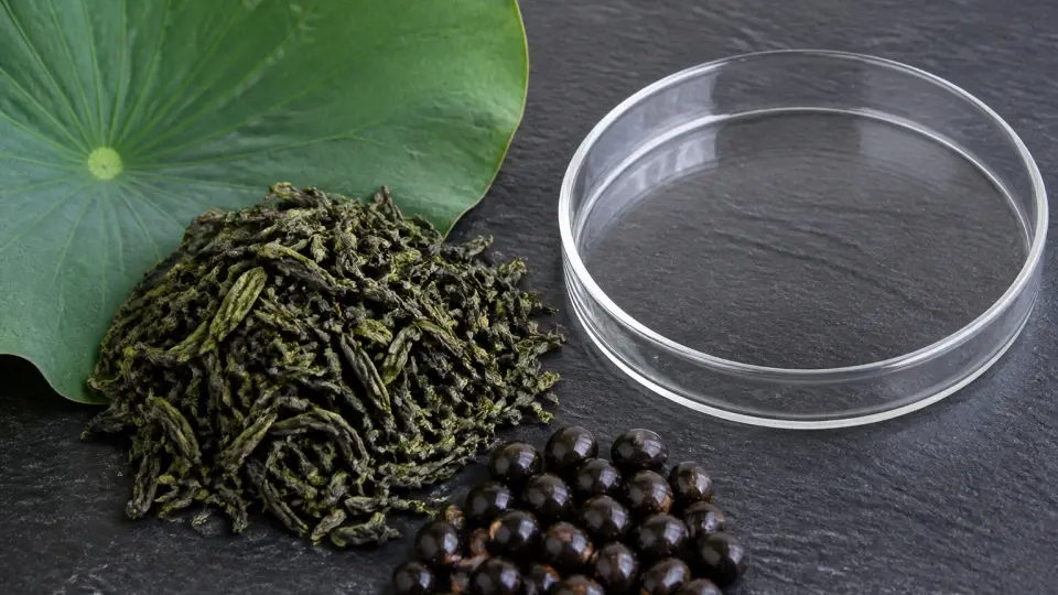 A macro botanical shot of raw green tea, lotus leaf, and cassia seeds styled beside a clean laboratory glass petri dish
