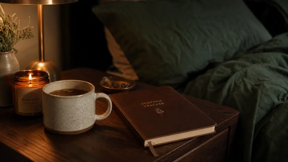 A dark ceramic mug of steaming herbal tea on a walnut nightstand next to a softly glowing amber candle and a journal
