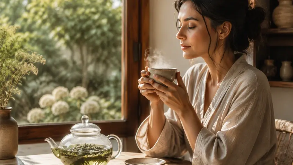 A Mindful Woman Sitting by Sunny Window and Enjoying Warm Steaming Green Tea A Mindful Woman Sitting by Sunny Window and Enjoying Warm Steaming Green Tea