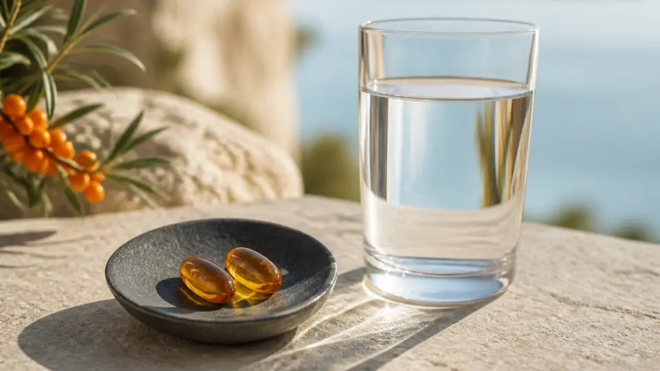 A clear glass of water standing beside a dark stone dish holding two glowing amber sea buckthorn oil capsules in morning light A clear glass of water standing beside a dark stone dish holding two glowing amber sea buckthorn oil capsules in morning light