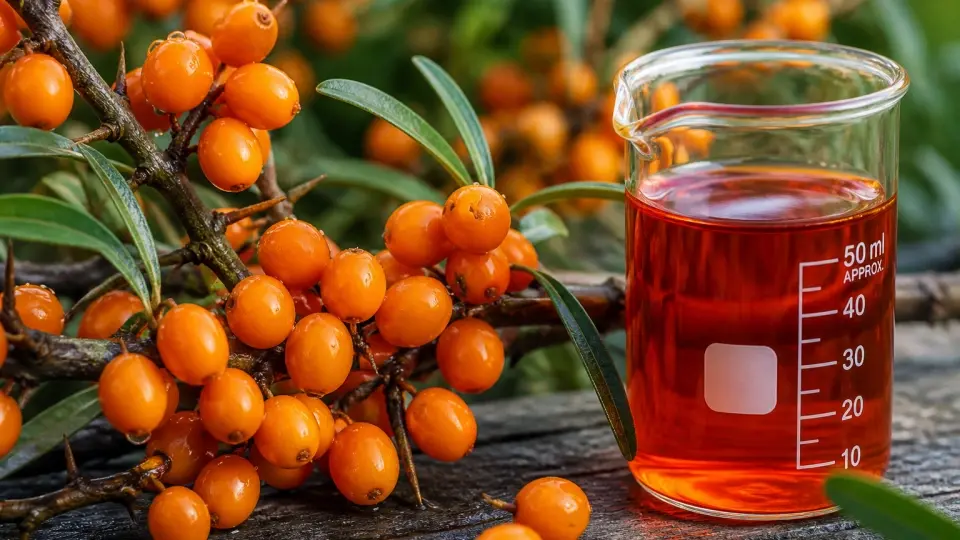 Fresh orange sea buckthorn berries on a branch with water droplets styled beside a beaker of pure golden-red berry oil Fresh orange sea buckthorn berries on a branch with water droplets styled beside a beaker of pure golden-red berry oil