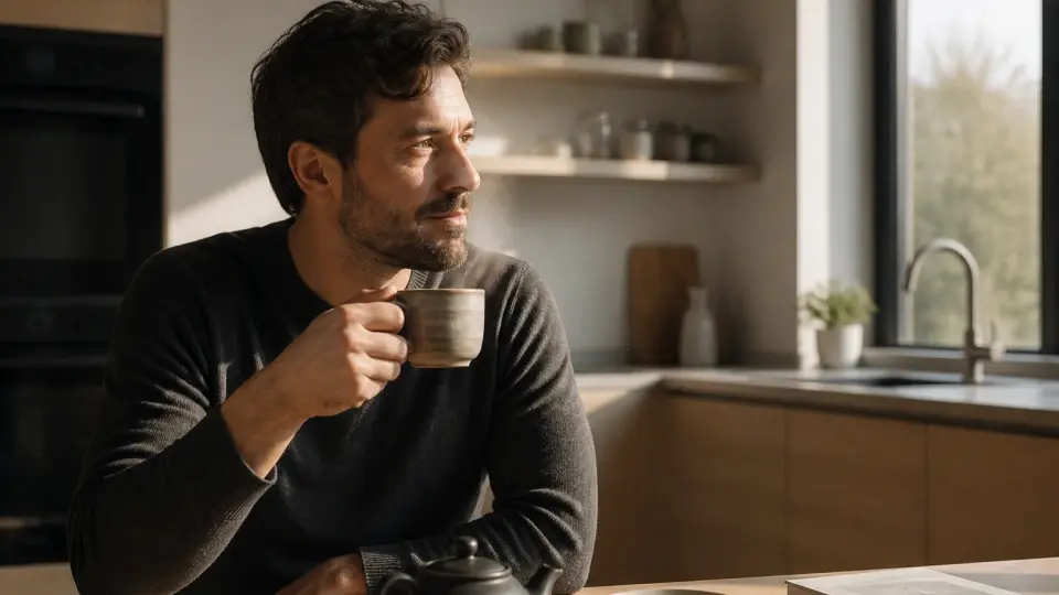 A Focused Man Holding a Warm Ceramic Cup of Steaming Tea