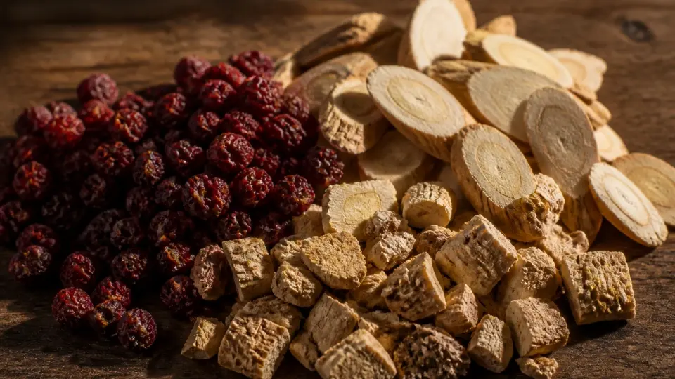 A Rustic Slate Platter Scattered with Dried Red Schisandra Berries and Astragalus Slices A Rustic Slate Platter Scattered with Dried Red Schisandra Berries and Astragalus Slices