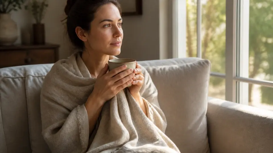 A Serene Woman Wrapped in a Linen Shawl Smiling Softly While Holding a Warm Ceramic Cup of Tea A Serene Woman Wrapped in a Linen Shawl Smiling Softly While Holding a Warm Ceramic Cup of Tea