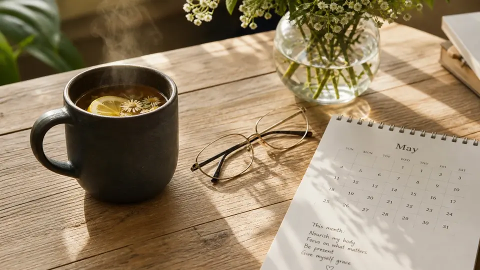 A quiet morning setting with a steaming dark ceramic mug, minimalist reading glasses, and a beautifully handwritten preconception calendar under warm sunlight A quiet morning setting with a steaming dark ceramic mug, minimalist reading glasses, and a beautifully handwritten preconception calendar under warm sunlight
