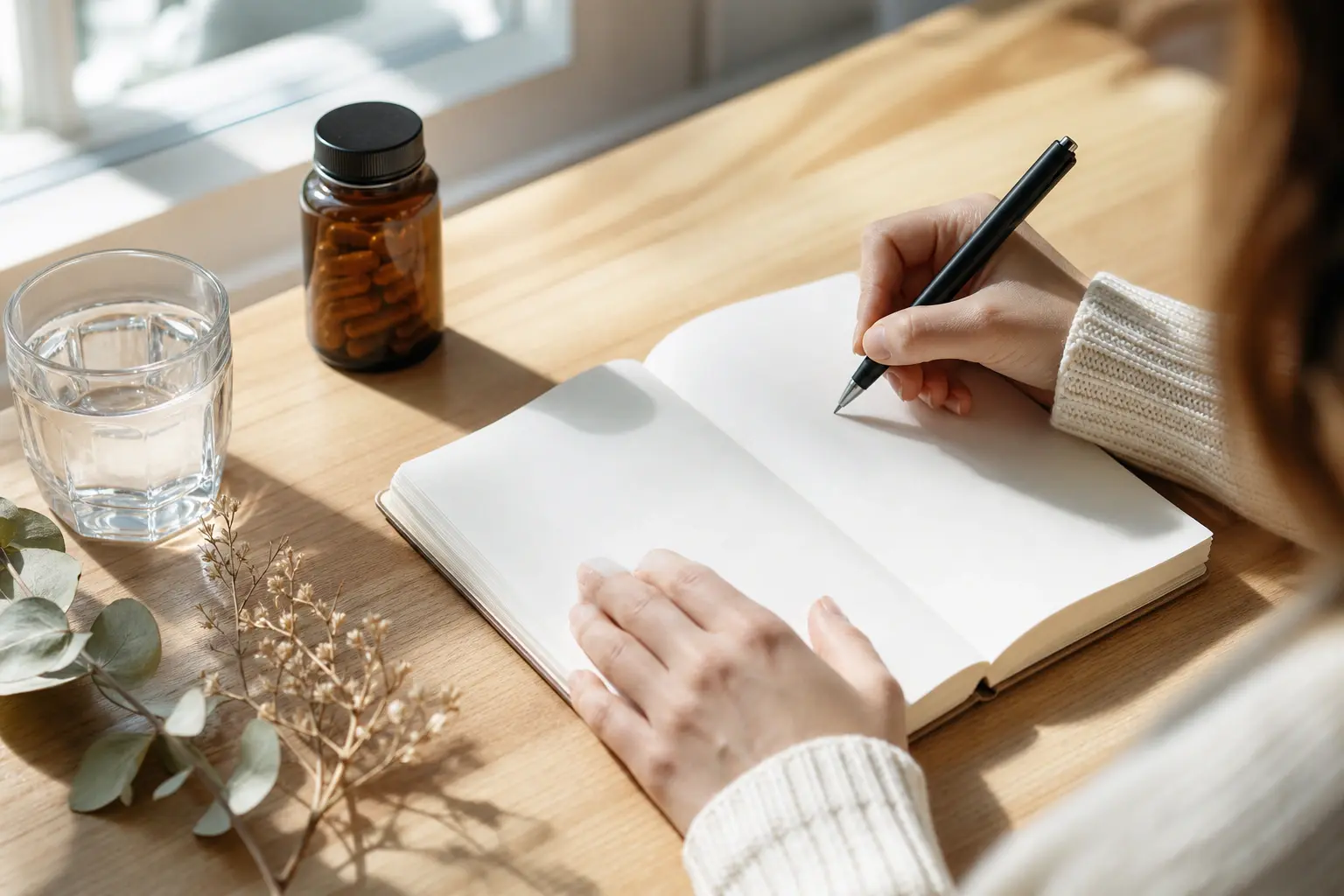 Woman writing symptom notes to prepare for clinician visit Woman writing symptom notes to prepare for clinician visit