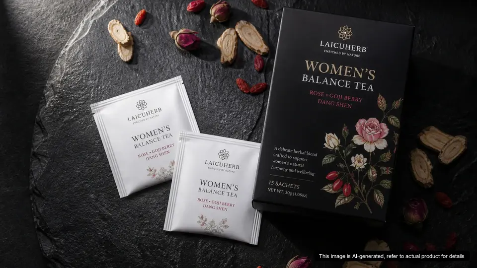 Laicuherb Ease Period Comfort Tea sachet packets and brewing setup