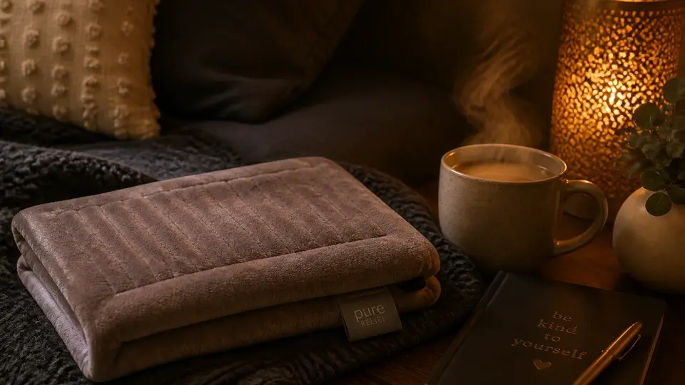 Menstrual comfort routine heating pad heat therapy and warm herbal cup