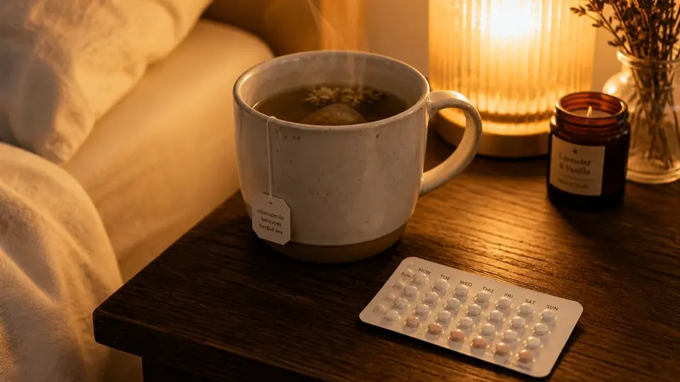 Contraceptive pill blister pack bedside and steaming herbal tea